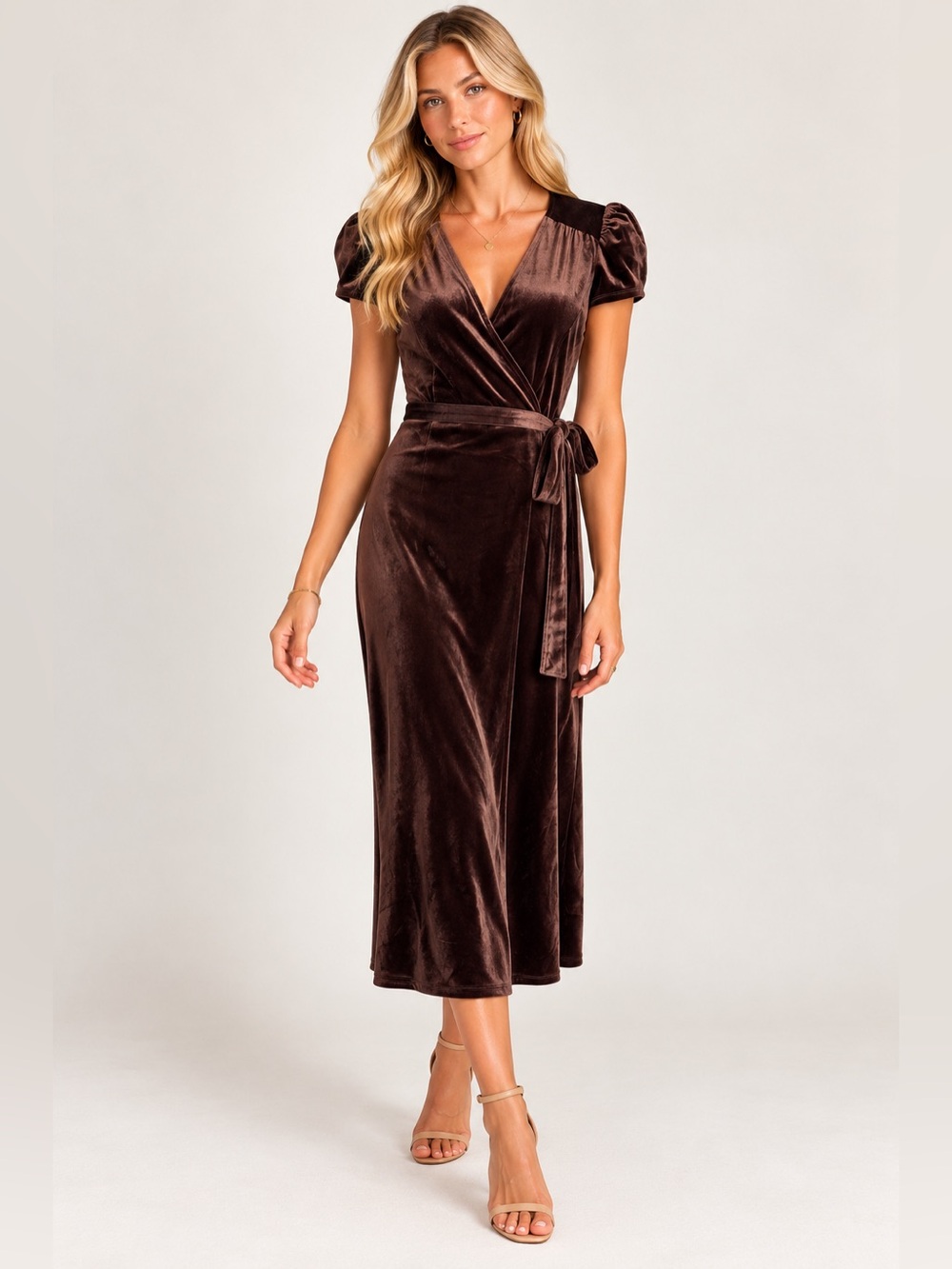 Saltwater Luxe Velvet Wrap Midi Dress Chocolate Brown Puff Sleeve Size S